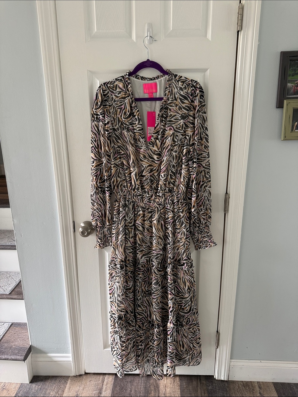 Long Sleeve V-Neck Printed Midi Dress - Black & Cream